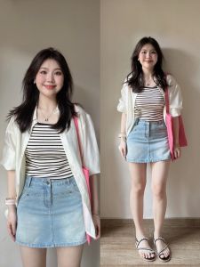 Slightly Oversized Girls Korean Style Casual Suit Summer Striped Camisole + Thin Elegant Sun Protection Shirt Two-piece Set Women