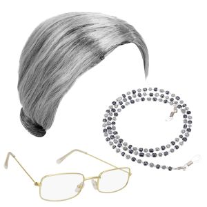 Synthetic Old Lady Wig Costume Set Funny Grandma Wig and Glasses Retainer Chain Silver White Granny Wig Cosplay Halloween Party