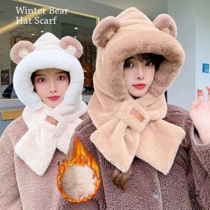 DAWEIF Plush Integrated Cap Scarf Thickening Windproof Ear Protection Cap Winter Warm Beanie Hat Scarf for Women