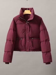 Womens Short Thickened Cotton Jacket Stand Collar Bread Style Coat Versatile Sweet Style Autumn Winter Fashion Outerwear