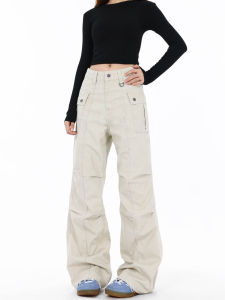 กางเกงทำงานสไตล์อเมริกันสำหรับผู้หญิง กางเกงขายาวทรงหลวมสบาย ๆ ทรงยีนส์ ทรงขากว้าง กางเกงขายาวทรงยีนส์