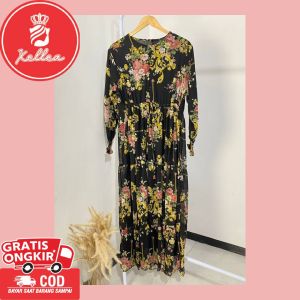 Gamis Wanita Dewasa Kekinian Motif Bunga Bahan Ceruty Babydoll Full Furing Lengan Panjang Murah Gamis Lebaran Fashion Muslim Wanita Trendy-XELLEA