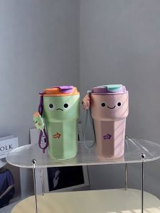 (tăng 4 sticker nổi ) Ly giữ nhiêt nắp bật inox 304  450ml  họa tiết HAPPY NICE phiên bản quốc tế - ly uống trà - bình nước giữ nhiệt -