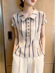 Waist-Cinching Slimming Fashion French Stripe Turn-Down Collar Shirt
