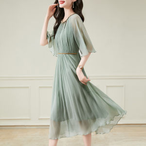 Elegant Slimming Light Green Silk Dress round Neck Five-Quarter Sleeve Womens Fashion Spring Summer Chiffon Gown A-Line Skirt