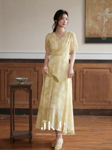 JK&JS | Peach Colored Chiffon Dress Gentle New Chinese Style V-Neck Puff Sleeves A-Line Long Skirt
