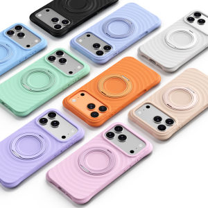 360 Rotating Magnetic Ring Stand Phone Case For iPhone 17 Pro Max 14 15 16 Holder Shockproof Matte Silicone Wave Texture Cover