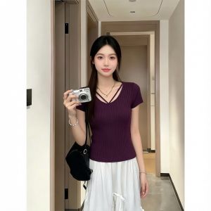 AIYITI | Stylish Purple V-Neck Short-Sleeved Top For Curvy Women