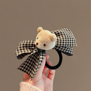 Korean Style Plush Bear Hair Tie Black White Grid Cartoon Pearl Butterfly Knot Hair Band Headband Fashionable Hair Accessories