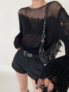 Womens Knitted Hollow out T-Shirt Casual Loose Fit Summer Top with Strap Outerwear Hole Design Long Sleeve round Neck