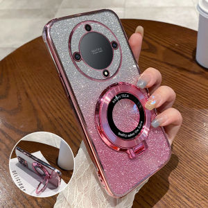 เคสโทรศัพท์ซิลิโคนแบบครอบเต็มพร้อมขาตั้งสำหรับ Honor X9A Huawei 5G ป้องกันการตกหล่น ดีไซน์หรูหรา ใส พร้อมสายรัดสำหรับผู้ชายและผู้หญิง