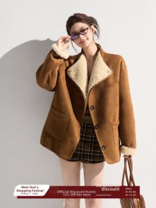 THROUS | Áo Khoác Lông Cổ Đảo Ngược Vintage Dáng Rộng Ôm Body