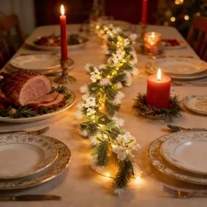 Christmas Table Garland Warm White LED Fairy Lights with Snowy Evergreen Branches and White Berry Clusters for Holiday Decor