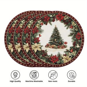 VIKAMA 4PC Christmas Tree Meal Mat Christmas Tree Ball Bell Holly Leaf Dining Table Restaurant Christmas Party Decoration