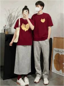 PAZHAOLANG | Love Couple Short Sleeve T-shirts for Men and Women Summer Wine Red