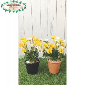 Bunga Hias Artificial Matahari Variasi Kuning Pot Melamine Orange & Pot Keramik Hitam Hiasan Meja Cafe