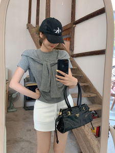 Sweet Style Shoulder Tote Short Sleeve T-Shirt Womens Summer Age-Defying Versatile Waist-Cinching Slimming Top