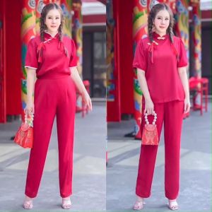 ES788 เซท 2 ชิ้น เสื้อคอจีน แขนสั้น แต่งกระดุมจีน ซิปหลัง สวมใส่ง่าย คู่กับกางเกงขายาว ทรงกระบอกเล็ก