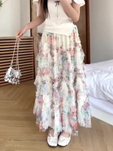 French Fashion Vacation New Retro Mesh Flower Pearl Irregular Skirt Cake Skirt Womens High Waist Ruffle Edge Pleated Long Skirt