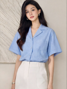 Roey s house | Unique Design Blue and White Striped Short Sleeve OL Style Commuter Suit Collar Shirt