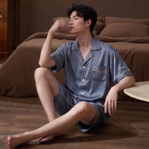 LEZIMENG | Men Summer Ice Silk Short Sleeve Shorts Set Red