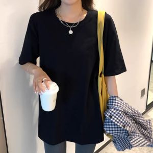 Womens Loose Fit Cotton T-Shirt White Short Sleeve Mid-Length Summer New Style Comfortable Breathable Casual round Neck Top
