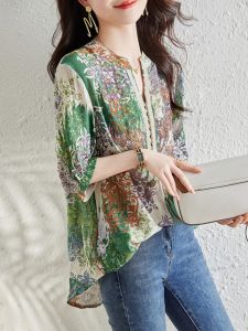 French Design Loose Youthful V-neck Cotton-Linen Shirt