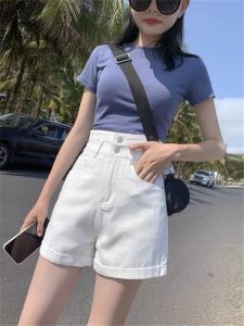 White Loose Womens Denim Shorts Summer High Waist Wide Leg A-Line Cuffed Thin Soft Style Hot Pants Cotton 100% Cool Sensation