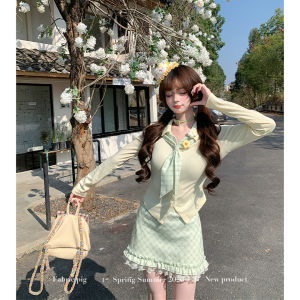 Outdoor Casual Green Long Sleeve Top And Lace Check Skirt