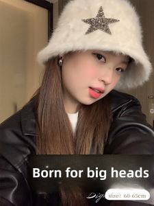 Big Head Planet Big Head Circumference White Bucket Hat Face-Looking Cute Hat Winter Dehaired Angora Fisherman Girls Cap Bucket Hat