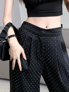 Shiny Rhinestone Suit Pants Womens Summer Thin Stylish High Waist Loose Pants Drape Draggle-Tail Straight Trousers Fashion