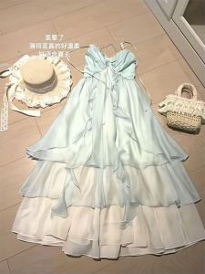 Váy Dài Không Tay Hở Lưng Thắt Lưng Phong Cách Mùa Hè 2025 Váy Midi Cạp Cao Bằng Vải Polyester Cổ Chữ V Không Tay