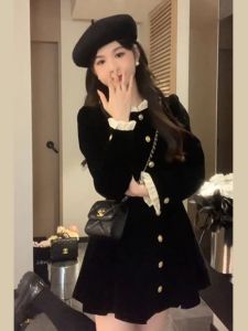 Fujia Qianjin Velvet Black Dress Womens Early Autumn Waist-Tight Slim Looking Atmosphere Match with Coat Beautiful Super Beautiful Dress