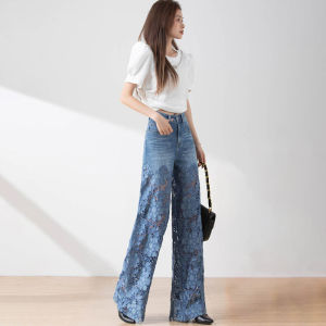 High Waist Wide Leg Pants Womens Spring Summer Fashionable Lace Splicing Drapey Denim Trousers Versatile Casual Straight Cut