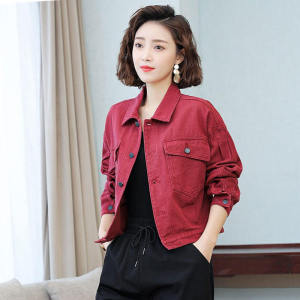 Wine Red Short Denim Jacket Womens Loose Long Sleeve Spring Autumn High-End Feeling Workwear Jacket POLO Collar Single Button