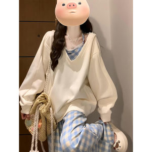 Sweet Cool Plaid Hoodie Womens Loose Fit V-Neck Long Sleeve T-Shirt Two-Piece Set Autumn New Design Lazy Style Slimming Effect