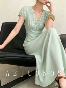 AEJUONOS | V-Neck Lace Summer Dress Slim Waist Elegant Mint Green