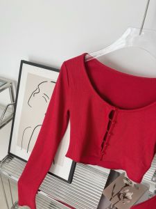 สั้นสีแดง แขนกุด สลิมฟิต ผู้หญิง คาร์ดิเกน เสื้อโค้ท ฟิล์มวินเทจ สีขาว เพิ่มประสิทธิภาพ กระดุมแถวเดียว Crewneck ฤดูใบไม้ผลิ ฤดูร้อน ใหม่