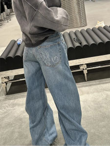 กางเกงยีนส์ขาตรงสำหรับผู้หญิง W12s กางเกงขายาวทรงหลวมสไตล์อเมริกันย้อนยุคประดับเพชร ฤดูใบไม้ผลิ 2025