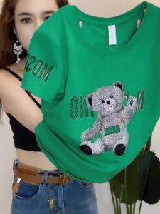 เสื้อยืดคอกลมแขนสั้นผ้าฝ้ายแท้คุณภาพสูงสำหรับผู้หญิง แฟชั่นหวานๆ สบายๆ ฤดูร้อนใหม่ เสื้อผ้าทำงาน ลายการ์ตูน ความยาวปกติ