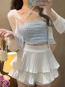 Váy Xếp Ly Màu Trắng Cạp Cao Cho Nữ Mùa Xuân 2024 Váy Ngắn Chữ a Phong Cách Hàn Quốc Váy Ngắn Xếp Ly Màu Trắng