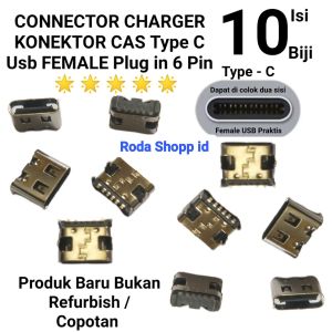 10 Biji Connector Charger Konektor Cas Type C Usb Female Plug in 6 Pin Universal Tancap Kaki 4 Ori