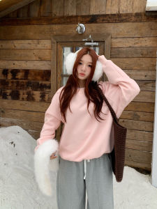 Womens Retro round Neck Fleece Lined Hoodie Winter Lazy Match All Cotton Polyester Blend Loose Fit Comfortable Korean Style