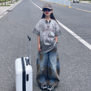 Bộ Đồ Trẻ Em Mùa Hè Phong Cách Hàn Quốc Thời Trang Mát Mẻ Điên Rồ Cổ Điển Rách Rưới Quần Jeans Denim Rộng Rãi Tay Ngắn Thường Ngày Cho Bé Gái