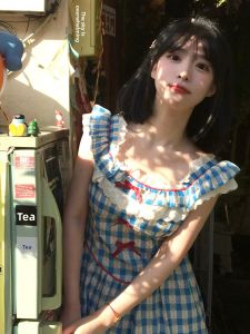 HUAYILING | French Retro Blue Check Flounce Sleeve Short Dress