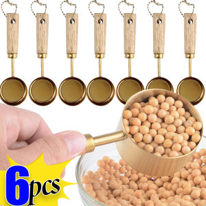 6PCS Mini Stainless Steel Measuring Spoons Wooden Handled Flat Bottom Coffee Spoon Flour Rice Spices Kitchen Measuring Spoons