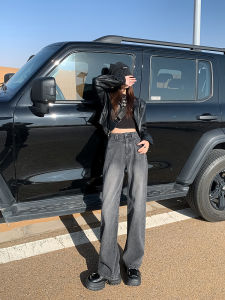 Quần Jeans Denim Ống Rộng Cạp Cao Cho Nữ Quần Ống Thẳng Ôm Dáng Mùa Xuân Thu Đông Màu Đen Xám Thời Trang Thường Ngày