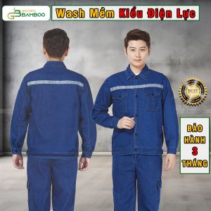 Quần Áo Jean Wash Mềm Kiểu Điện Lực Golden Bamboo Vải Denim Phản Quang Tay Chân Ngực Nút Nhựa