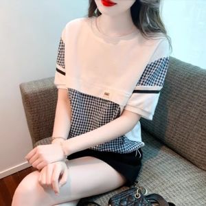 WANGGONGZHU | Summer Stripe Short Sleeve T-Shirt Womens Elegant Splice Loose Slimming Top Fashionable Casual Round Neck Princess Style