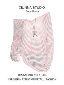 Retro American Lazy Style Striped One Shoulder Long Sleeve T-Shirt Womens Thin Loose Sun Protection Base Shirt Top